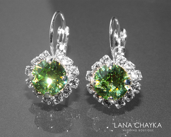 Hochzeit - Peridot Green Halo Crystal Earrings Swarovski Light Green Rhinestone Earrings Hypoallergenic Leverback Earrings Green Bridesmaid Jewelry