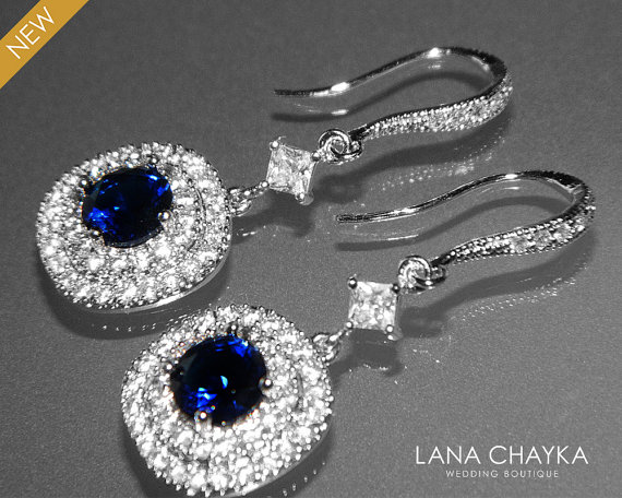 Wedding - Cubic Zirconia Bridal Earrings Navy Blue Silver CZ Wedding Earrings Clear Cubic Zirconia Dangle Earrings Wedding Chandelier Bridal Earrings