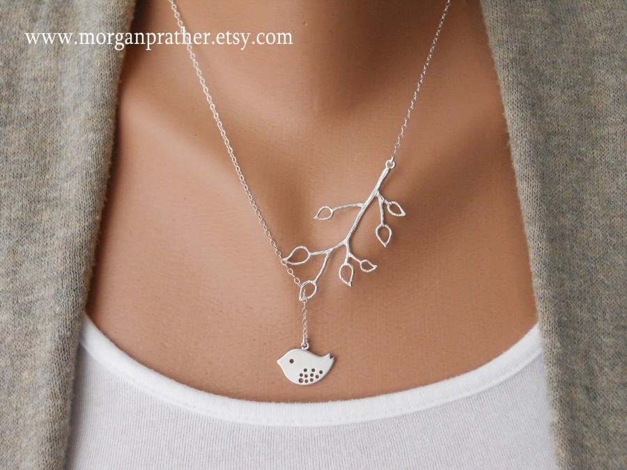 زفاف - Bud Branch and Detailed Bird Lariat - Dainty Pendants - Sterling Silver Jewelry - Dainty - Minimalist - Gift For - The Lovely Raindrop