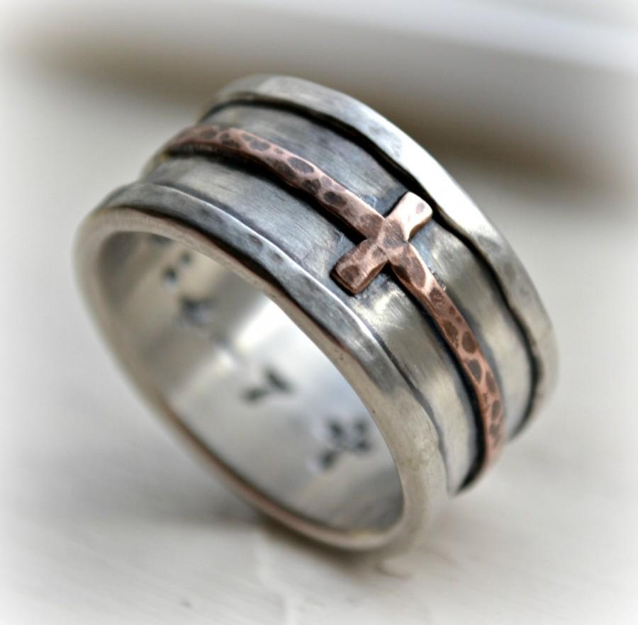 Hochzeit - mens cross wedding band - rustic hammered cross ring, oxidized fine silver, sterling, copper ring, handmade Christian wedding band, Jesus