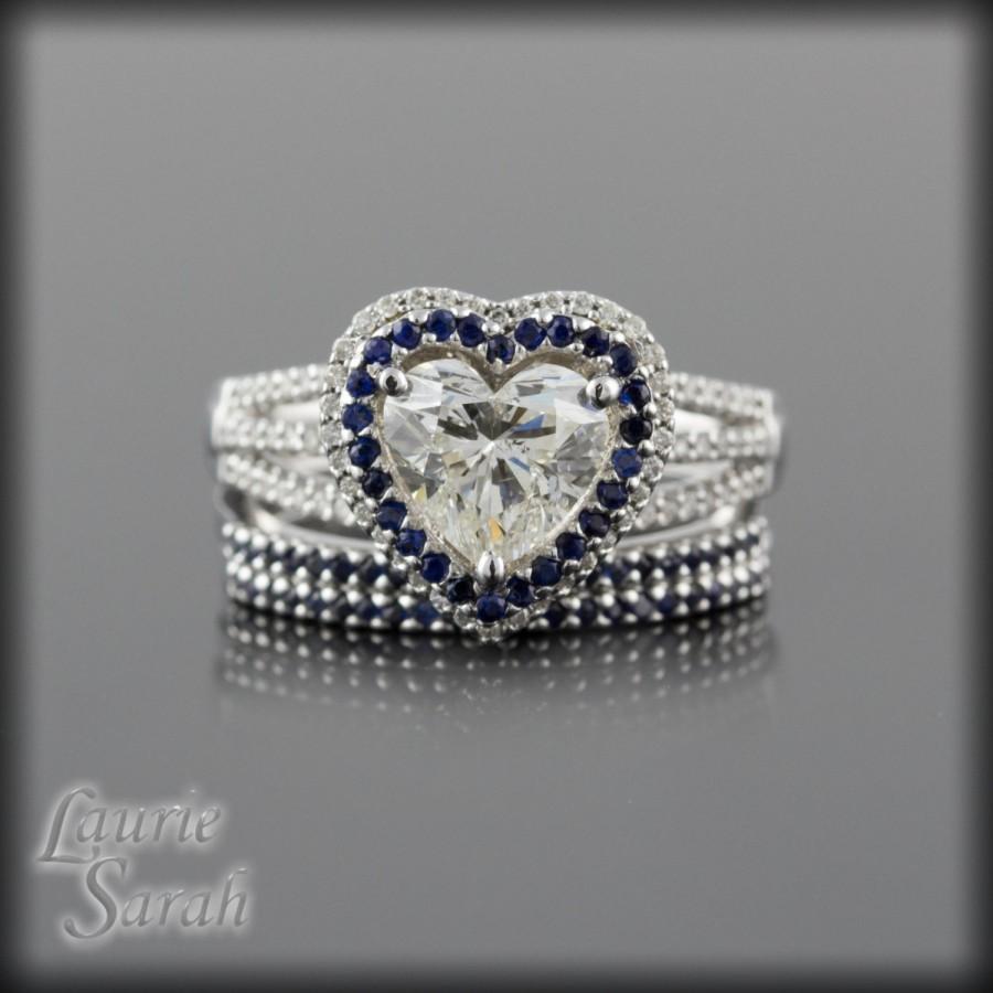 Wedding - Engagement Ring, Heart Diamond Three Ring Wedding Set with Diamonds and Dark Blue Sapphires - LS1619