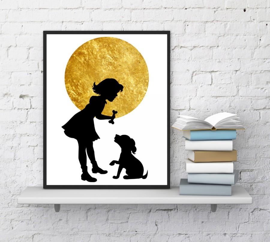 Hochzeit - Moon print, Girl and dog, Dog print, Girl silhouette, Dog lovers gift, Kids room decor, Moon wall art, Gold foil, InstantDownloadArt1