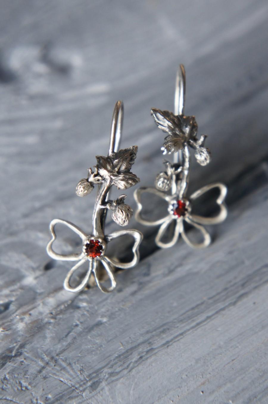 Wedding - Sterling silver earrings, strawberry earrings, bow earrings, delicate earrings, romantic jewelry, cubic zirconia, red earring, gift for girl
