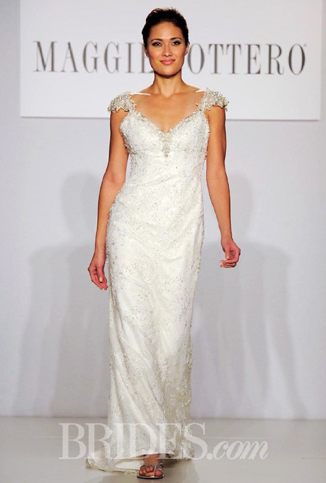 زفاف - Maggie Sottero - Spring 2014 - Brandy Beaded Lace Sheath Wedding Dress with V-Neckline and Cap Sleeves - Stunning Cheap Wedding Dresses