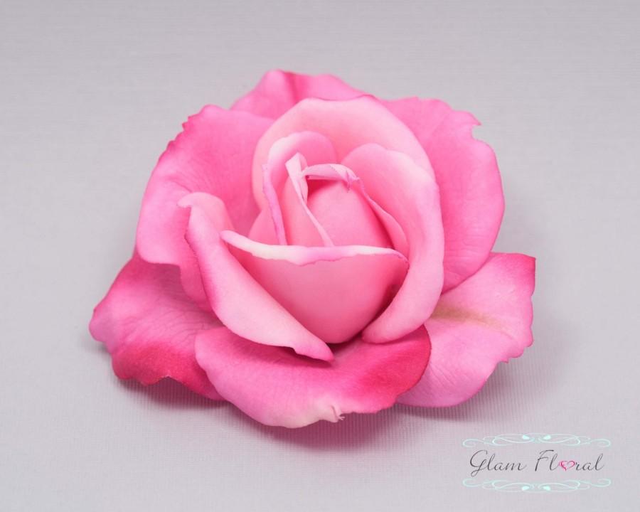 زفاف - Hot Pink Rose Hair Clip. Real Touch Flowers. Caroline Rose Collection