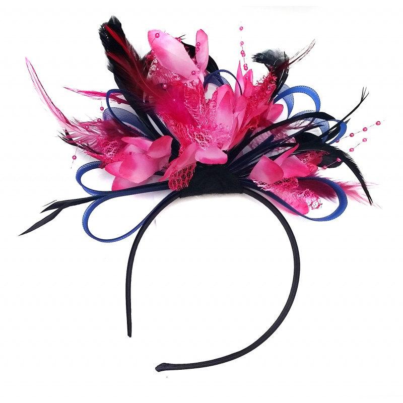 زفاف - Navy Blue Hoop & Fuchsia Hot Pink Fascinator On Headband