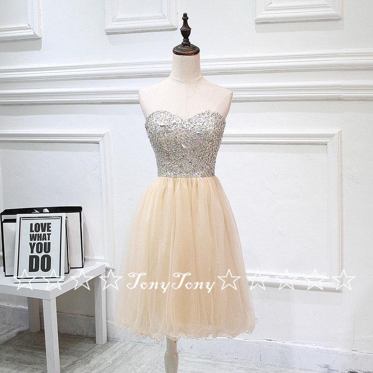 Mariage - Strapless Champagne Homecoming Dresses,Beaded Bodice Short Prom Dresses,Mini Hoco Dresses 2016
