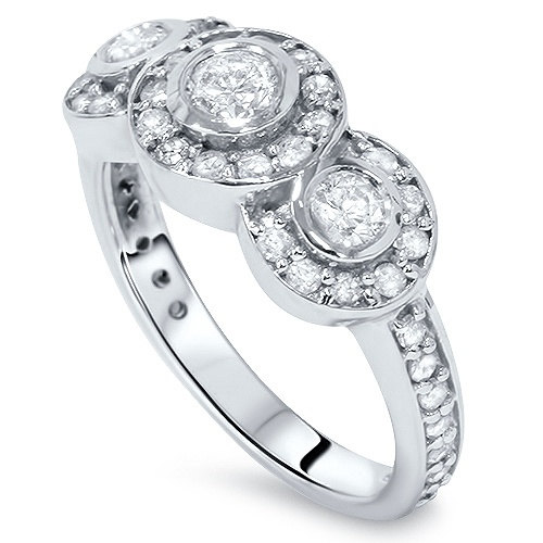 زفاف - Diamond .80CT 3 Stone Engagement Anniversary Ring 14K White Gold Round Brilliant Cut Pave Bezel Design