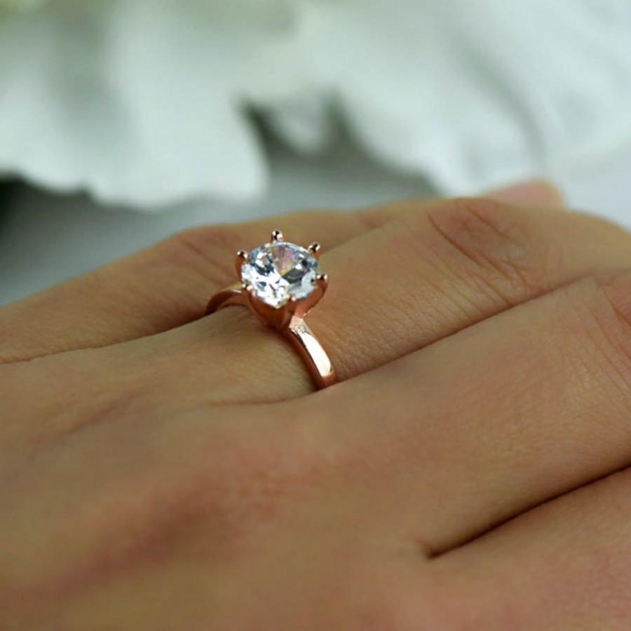 Wedding - 1.5 ct Engagement Ring, 6 Prong Solitaire Ring, Man Made Diamond Simulant, Wedding Ring, Promise Ring, Sterling Silver, Rose Gold Plated