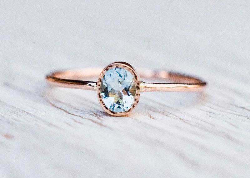 زفاف - Aquamarine engagement ring in 14k Rose Gold,  Gold Aquamarine Ring,  March birthstone, Unique engagement, handmade