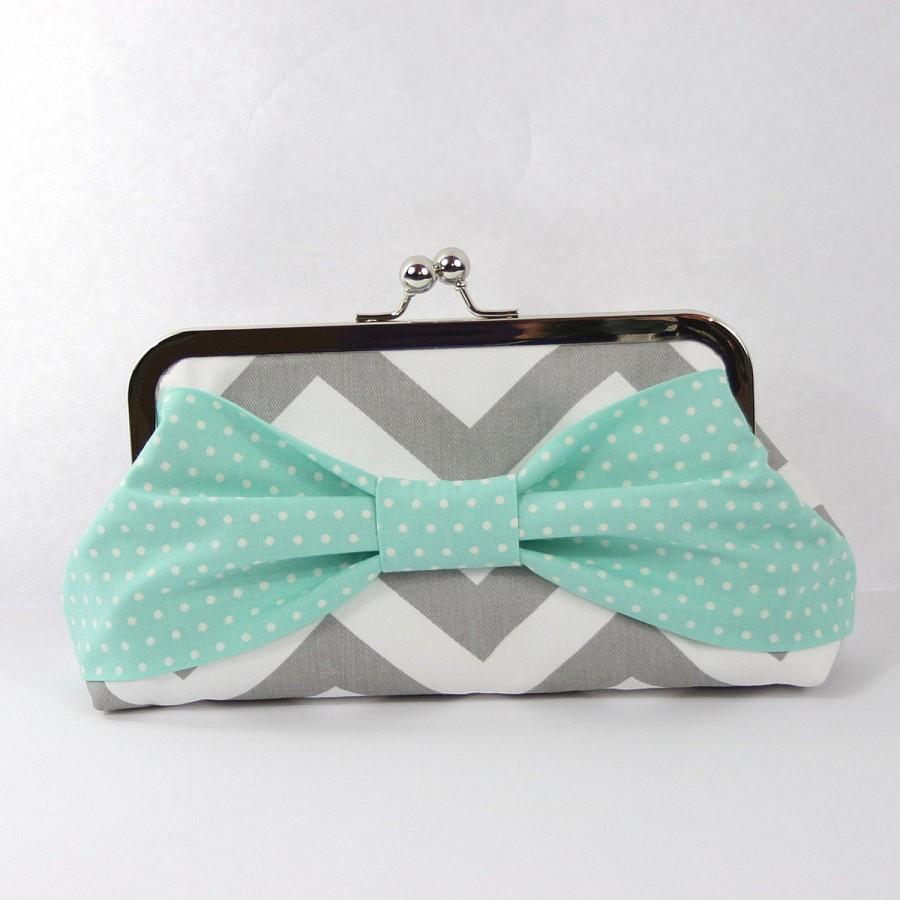 Mariage - Gray Chevron Mint Bow Bridesmaid Clutch, Clutch Purse, Maid of Honor Gift