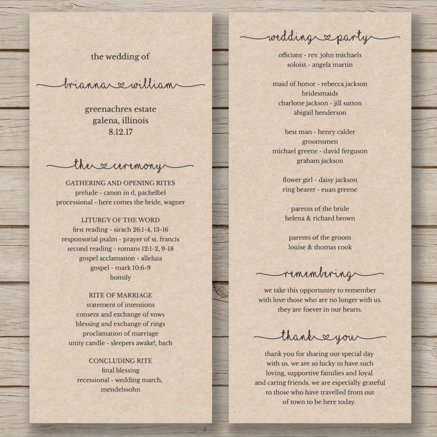Mariage - Printable Wedding Program Template - Order of Service - Rustic Wedding Program - Editable Wedding Program - YOU EDIT in WORD -Print on Kraft
