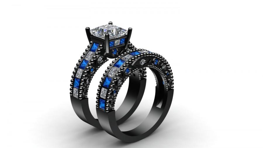 زفاف - Doctor Who Inspired 3.80 Ct White Princess Cut Engagement Wedding Ring + Band Set 925 Silver Ring 10K Black Gold Finish