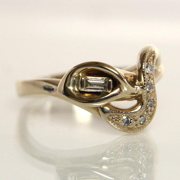 Hochzeit - Modern Diamond Engagement Ring 14k Yellow Gold Size 7 1/4 Calla Lily Flower Design Set With A Baguette And Round Diamonds Bridal Jewelry