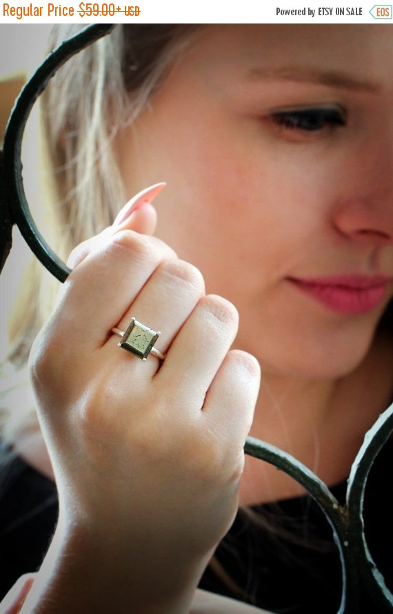 Wedding - SUMMER SALE - Pyrite ring,square grey ring,gemstone ring,natural stone ring,semiprecious ring,cocktail ring,pyrite jewelry,prong ring