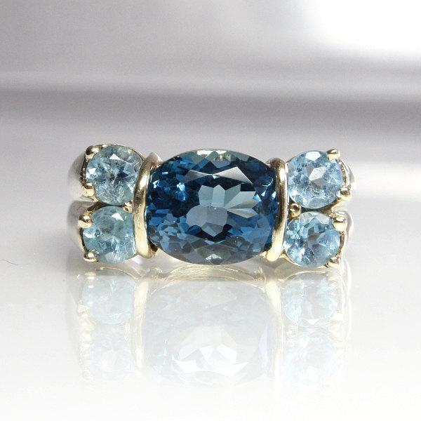 Wedding - Blue Topaz Engagement Ring Vintage 10K Yellow Gold Size 7 Oval Blue Gemstone