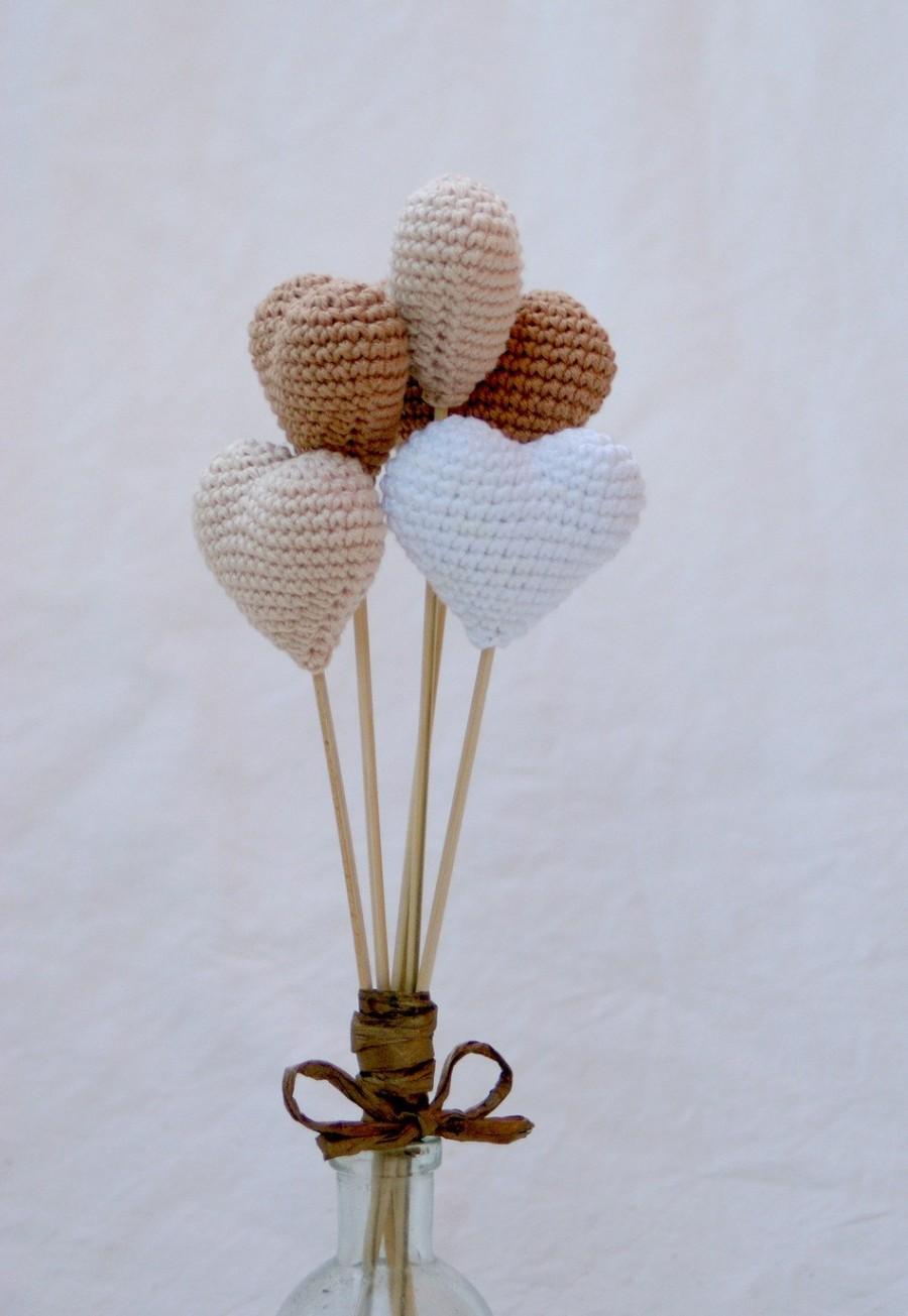 زفاف - Crochet hearts bouquet (set of 5) - White, Cream, Mocha hearts - Crochet wedding decorations - Birthday table decoration