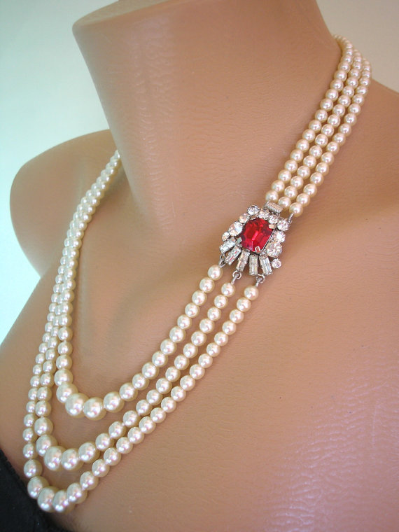 Wedding - Ruby And Pearl Necklace Red Rhinestone Choker Vintage Bridal Jewelry Great Gatsby Art Deco Mother Of The Bride Pearl Choker Red Necklace