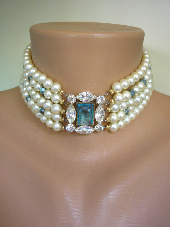 Свадьба - Aquamarine Jewelry, Aquamarine Necklace, Pearl Choker, Vintage Pearls, Art Deco, Great Gatsby, Pale Blue, Turquoise Jewelry, Blue Rhinestone
