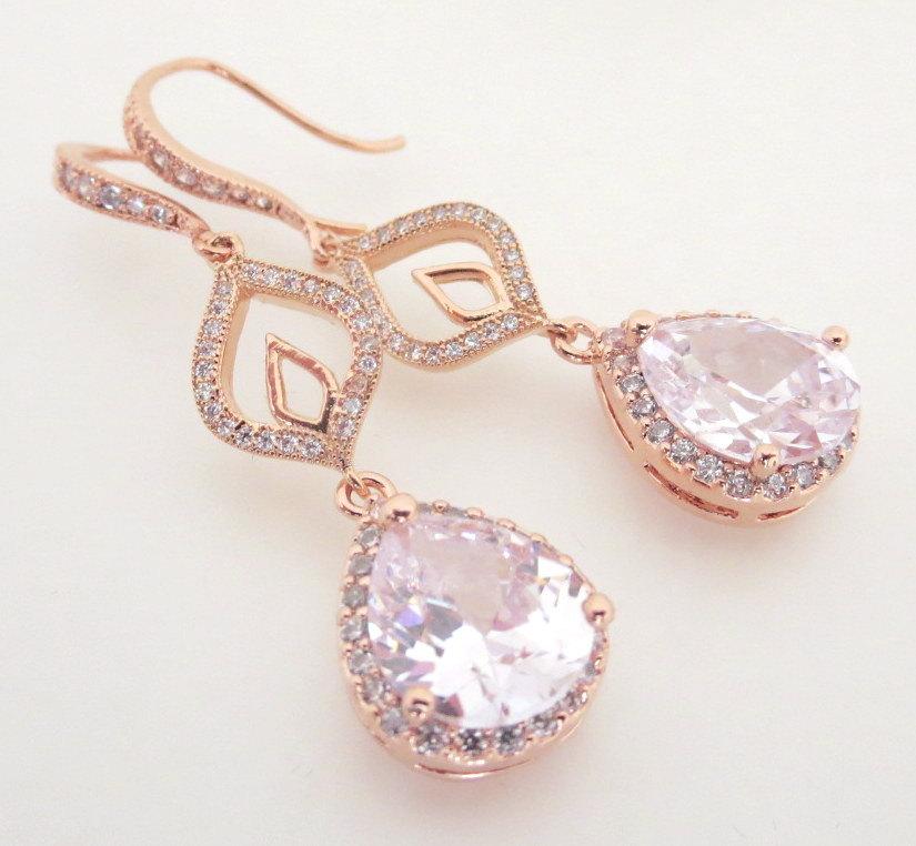 Hochzeit - Rose Gold Bridal earrings, Crystal Wedding earrings, Rose Gold earrings, Wedding jewelry, Teardrop earrings, Simple earrings, CZ earrings