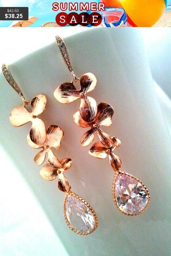 Mariage - Rose Gold Earrings, Orchid Earrings, Lux Cubic Wedding Jewelry,Bridesmaid Wedding Gift, Drop,Dangle Earrings, Bridal Jewelry,Statement, GIFT