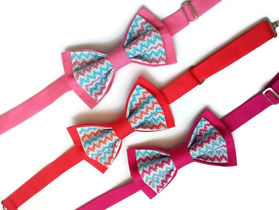 زفاف - wedding gift set of 3 chevron bow ties pink bow tie coral bowtie hot pink tie groom bride salmon necktie daddy and sons bowties binda fast