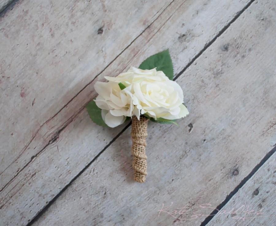 Hochzeit - Ivory Rose and Hydrangea Wedding Boutonniere with Burlap