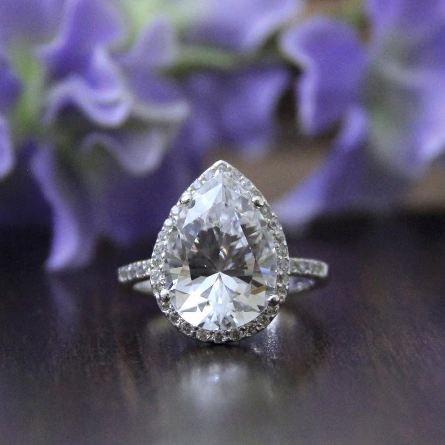 زفاف - 4.20 ct.Center Halo Engagement Ring-Pear Cut Diamond Simulant-Bridal Ring-Wedding Ring-Anniversary Ring-Promise Ring-Sterling Silver [2114]