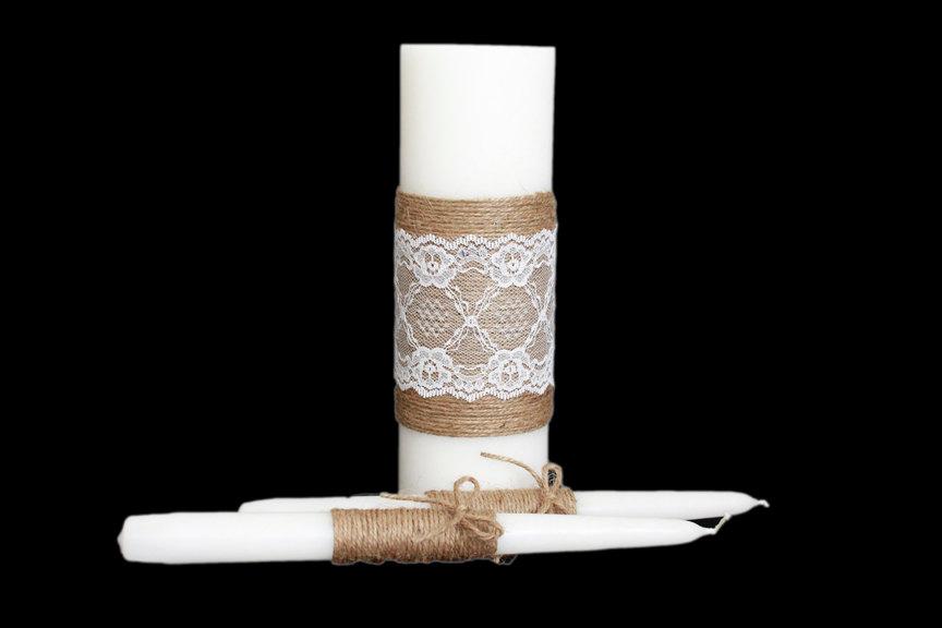 Hochzeit - Lace Unity Candle, Rustic Unity Candle Set, Shabby chic unity candle, burlap and lace unity candle, unity candle set