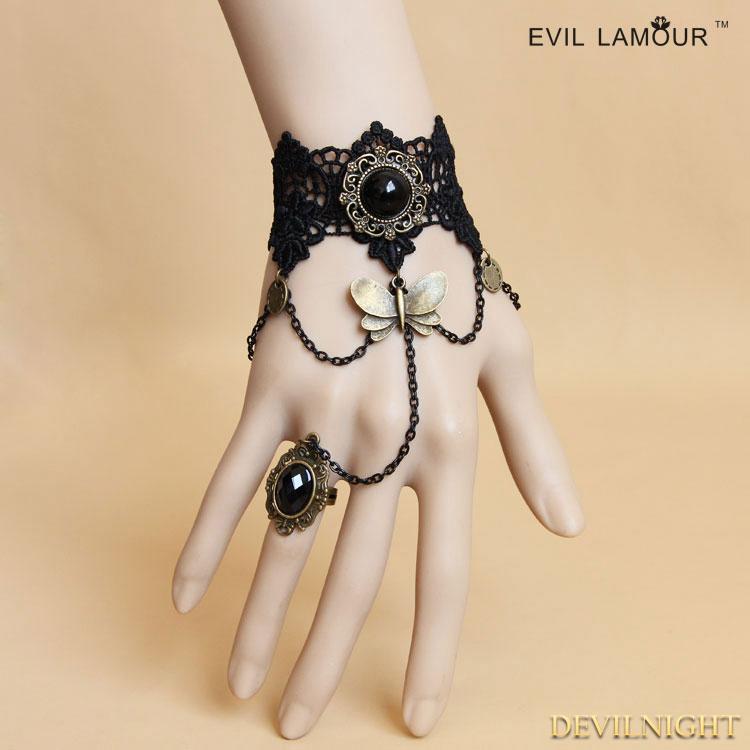 زفاف - Black and Bronze Gothic Lace Bracelet Ring Jewelry
