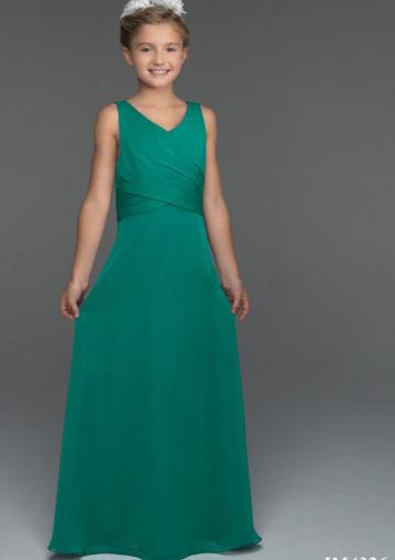 Mariage - Chiffon Lace Up Green V-neck Ruched Sleeveless Floor Length