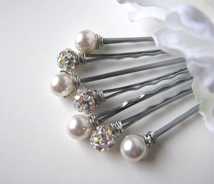 Hochzeit - Pearl and Rhinestone Hair Pins - White and AB or Clear, Classic Elegance Set of 7