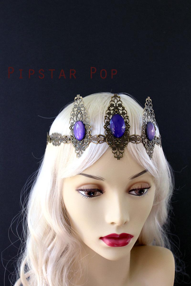 Hochzeit - Royal Purple Glass Opal Gem Bronze Filigree Fairy Queen Crown (CR15) renaissance Larp Filigree circlet,elven wedding,medieval princess,pixie