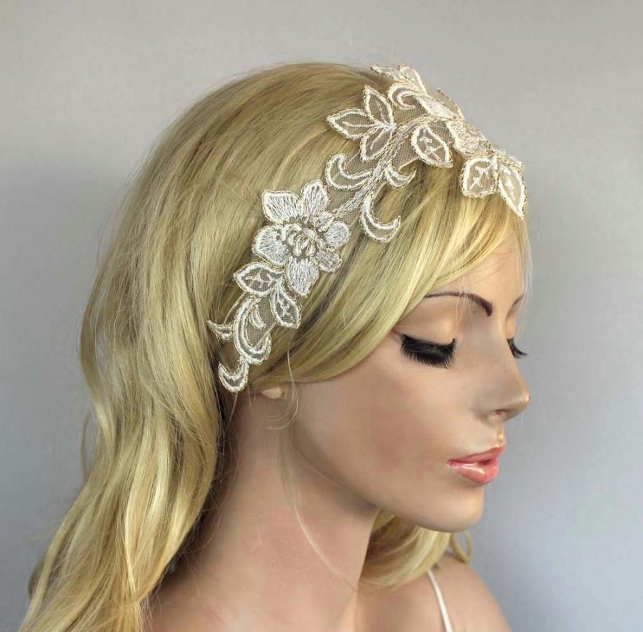 زفاف - Bridal Lace Head Piece, Lacy Floral Hairdress Applique Lace Bridal Ribbon Headband, Wedding Head Piece with Daffodil Flower Patter. Handmade