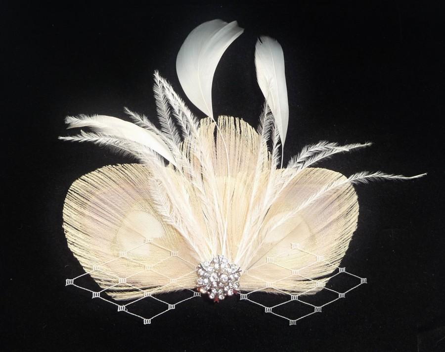 Mariage - Nude Bleached Peacock Feather Trio Hair Clip Fascinator Pale Gold and Cream Wedding Bridesmaids Hair Accessory