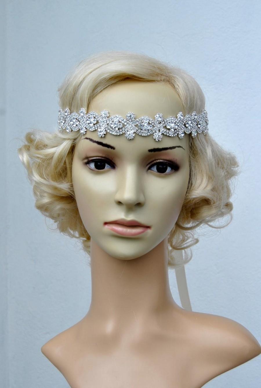 زفاف - Rhinestone Headband, Bridal Wedding Headband, Crystal Headband, Wedding Halo Bridal tie on ribbon Headband Headpiece, 1920s Flapper headband