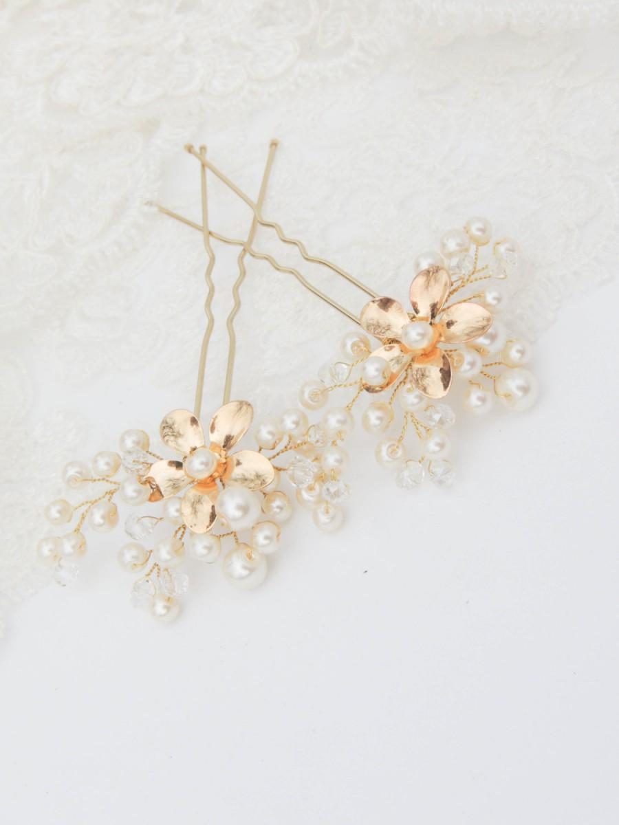 زفاف - Bridal Hair Pins/ Floral wedding headpiece/ Bridal Hair Pins/ pearl bridal hair pins/Gold Hair pins / bridal hair set 