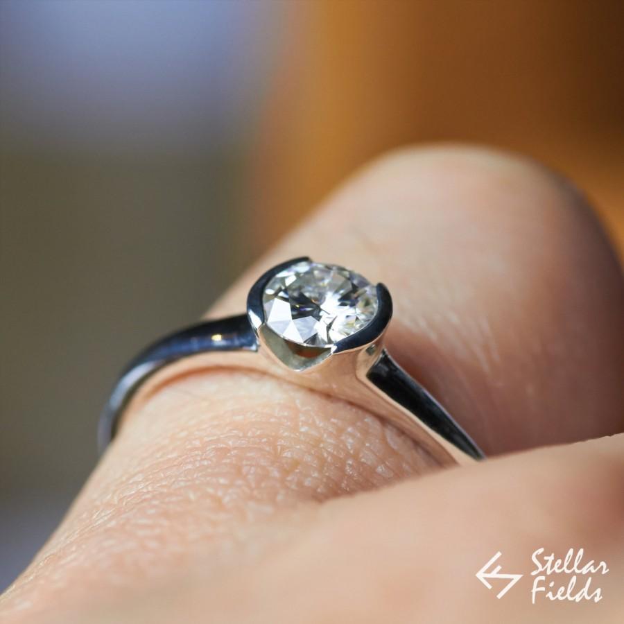 زفاف - Forever One Moissanite Bezel Ring Semi Bezel Engagement Ring Anniversary Ring Modern Minimal Ethical Wedding in 14k, 18k Gold or Platinum