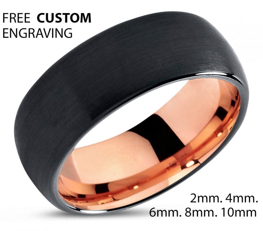 Hochzeit - Black Tungsten Ring Rose Gold Wedding Band Ring Tungsten Carbide 10mm 18K Tungsten Ring Man Wedding Band Male Women Anniversary Matching