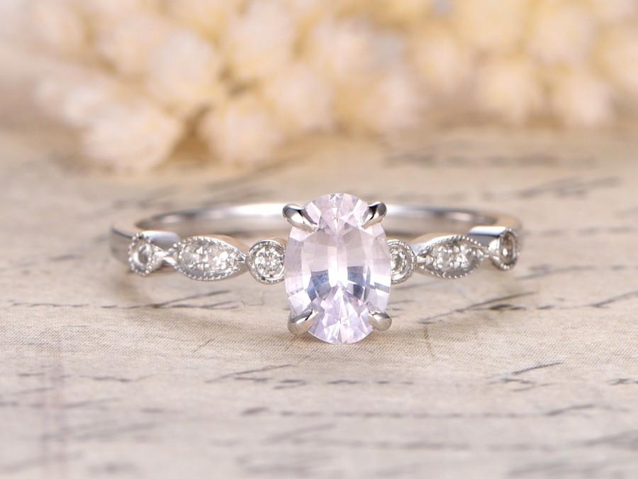 Wedding - Peachy White Sapphire Engagement Ring,14K White Gold,5x7mm Oval Cut stone,Art Deco Diamond Wedding Band,Pink Sapphire,Morganite Available