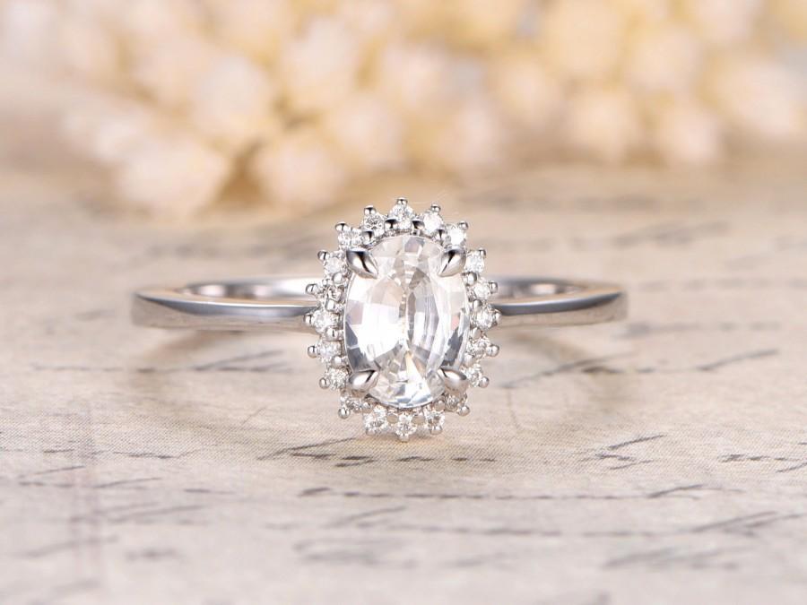 زفاف - White Sapphire Engagement Ring,Diana Ring,14K White Gold,5x7mm Oval stone,Art Deco Diamond Wedding Band,Pink Sapphire,Morganite Available