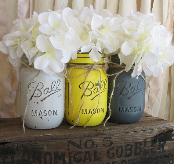 Wedding - Set Of 3 Pint Mason Jars, Painted Mason Jars, Yellow And Gray Mason Jars, Country Home Decor, Yellow & Gray Mason Jars