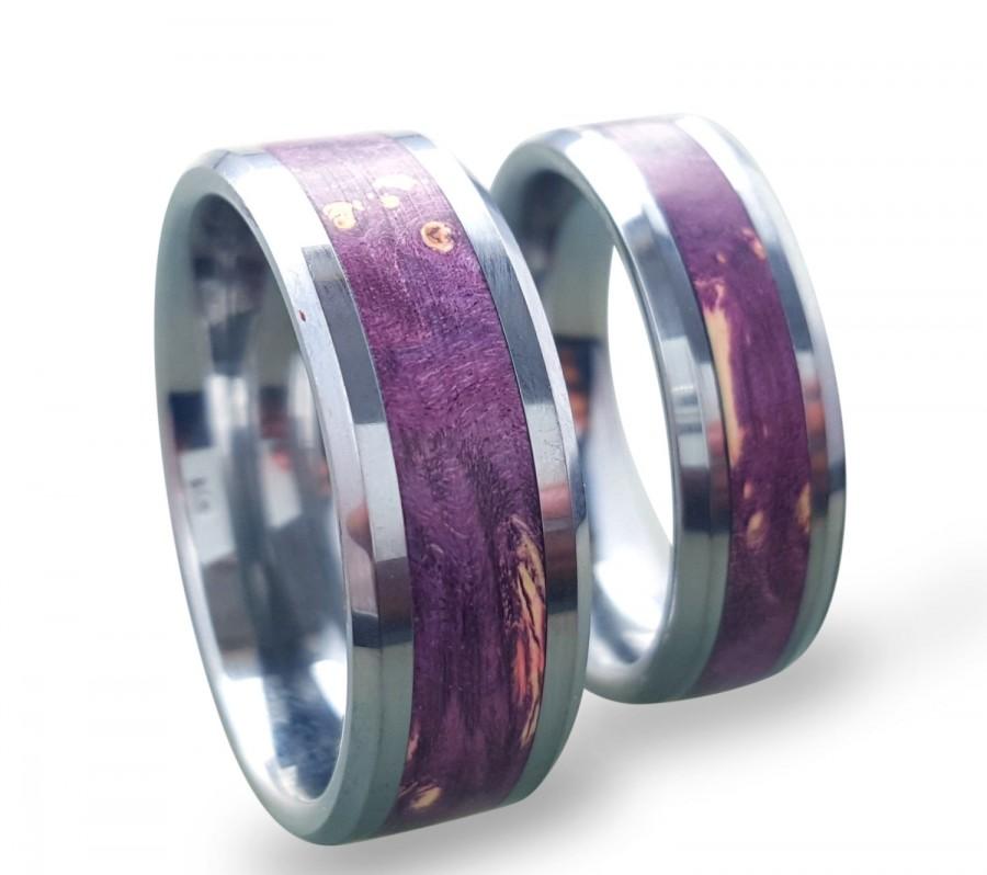 Hochzeit - Tungsten Wedding Ring Set, Tungsten Carbide Ring Set, His and Hers Tungsten Rings With Purple Box Elder Burl Inlay