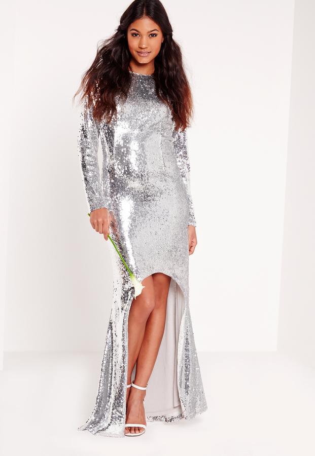 زفاف - Bridal Sequin Open Back Maxi Dress Silver