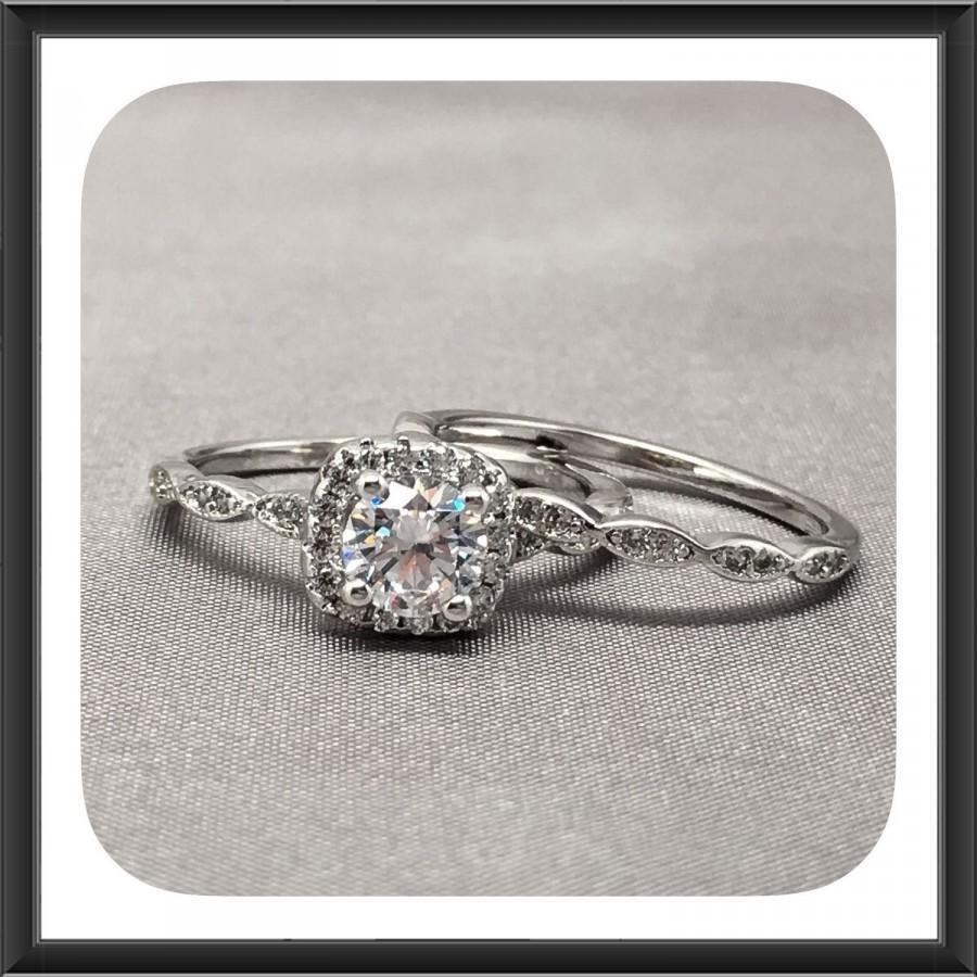 زفاف - Halo Fine Quality Cubic Zirconia Engagement Ring Set In Sterling Silver, Engagement Ring, Wedding Ring Set 00307926