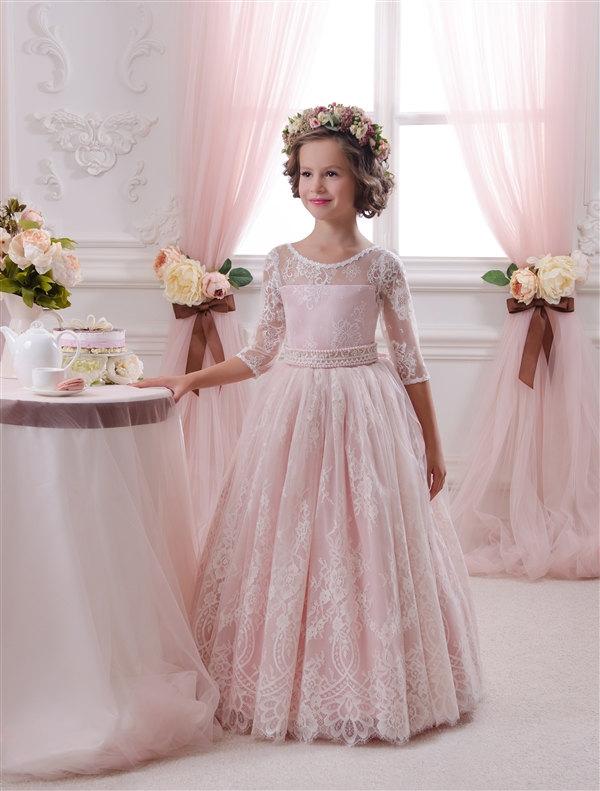 Hochzeit - Blush Pink Lace Tulle Flower Girl Dress - Wedding party Holiday Bridesmaid Birthday Blush Pink Flower Girl Tulle Lace Dress