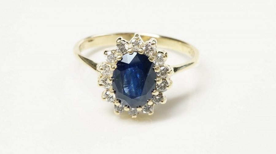 Wedding - Diamond ring with Sapphire, Blue Sapphire, 1 ct Blue Sapphire Engagement Ring - Yellow Gold Engagement Ring  - Diana Ring