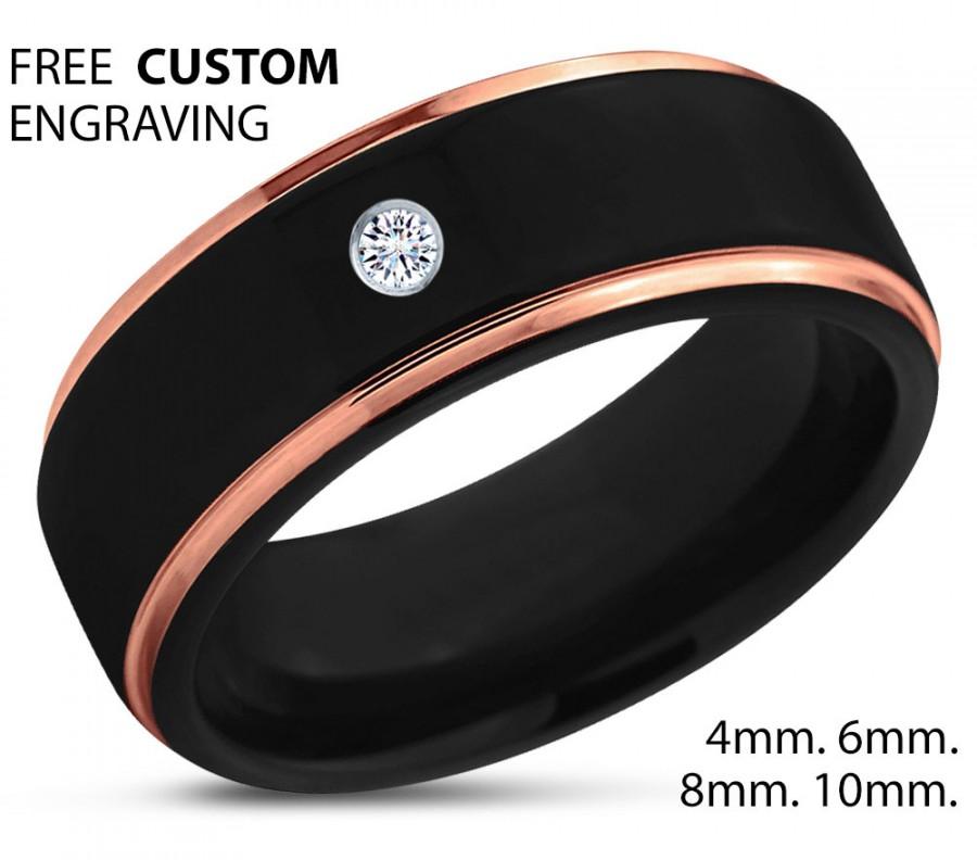 Wedding - Black Tungsten Ring, 18k Rose Gold Black Band, Polished Wedding Bands, White Diamond Mens Wedding Band, Men Wedding Band,Tungsten Carbide