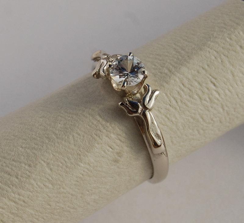 Hochzeit - Engagement Ring - 14K gold white Sapphire Lily flowers sizes 7 & up women's ring gem handmade engagement