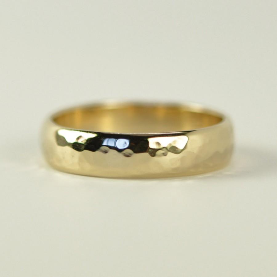 Hochzeit - Mens Yellow Gold Half Round Band, 14K Classic Style Wedding Ring, 5 x 1.5mm, Hammered Texture, SeaBabeJewelry